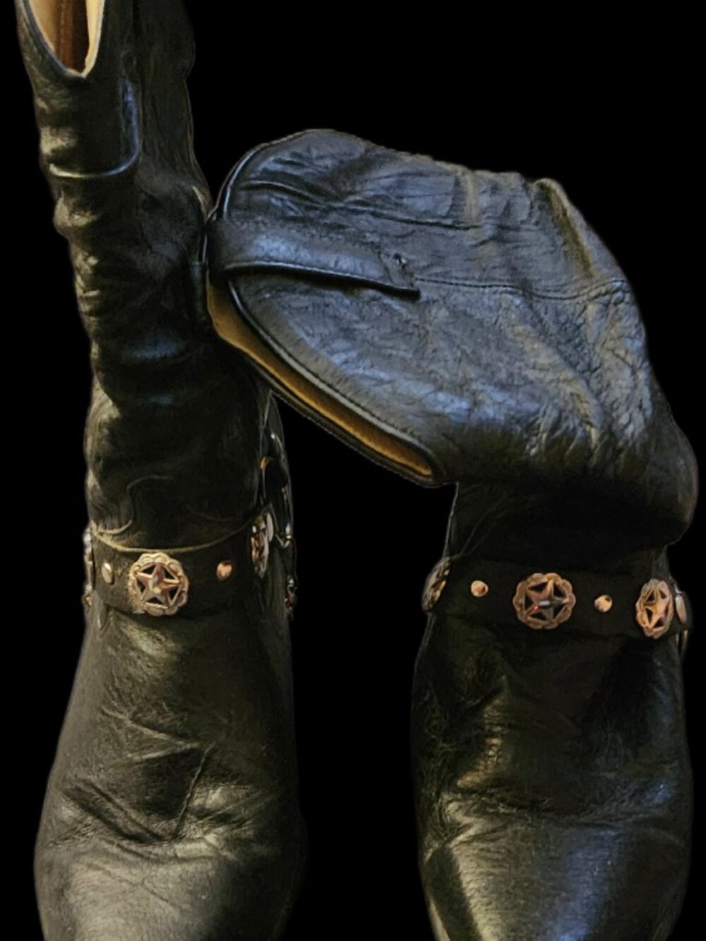 Vintage Dingo Black Leather Slouch Harness Western Cowboy Boots - Star Conchos